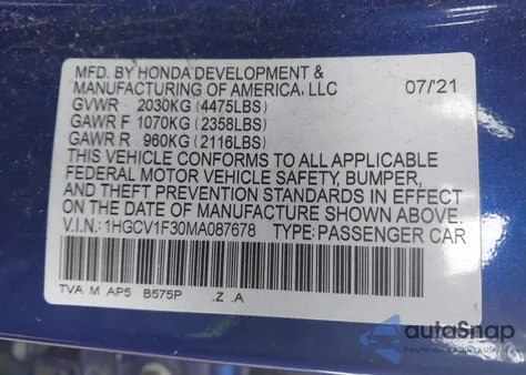 2021 Honda Accord Sport z USA, uszkodzony, nr VIN 1HGCV1F30MA087678
